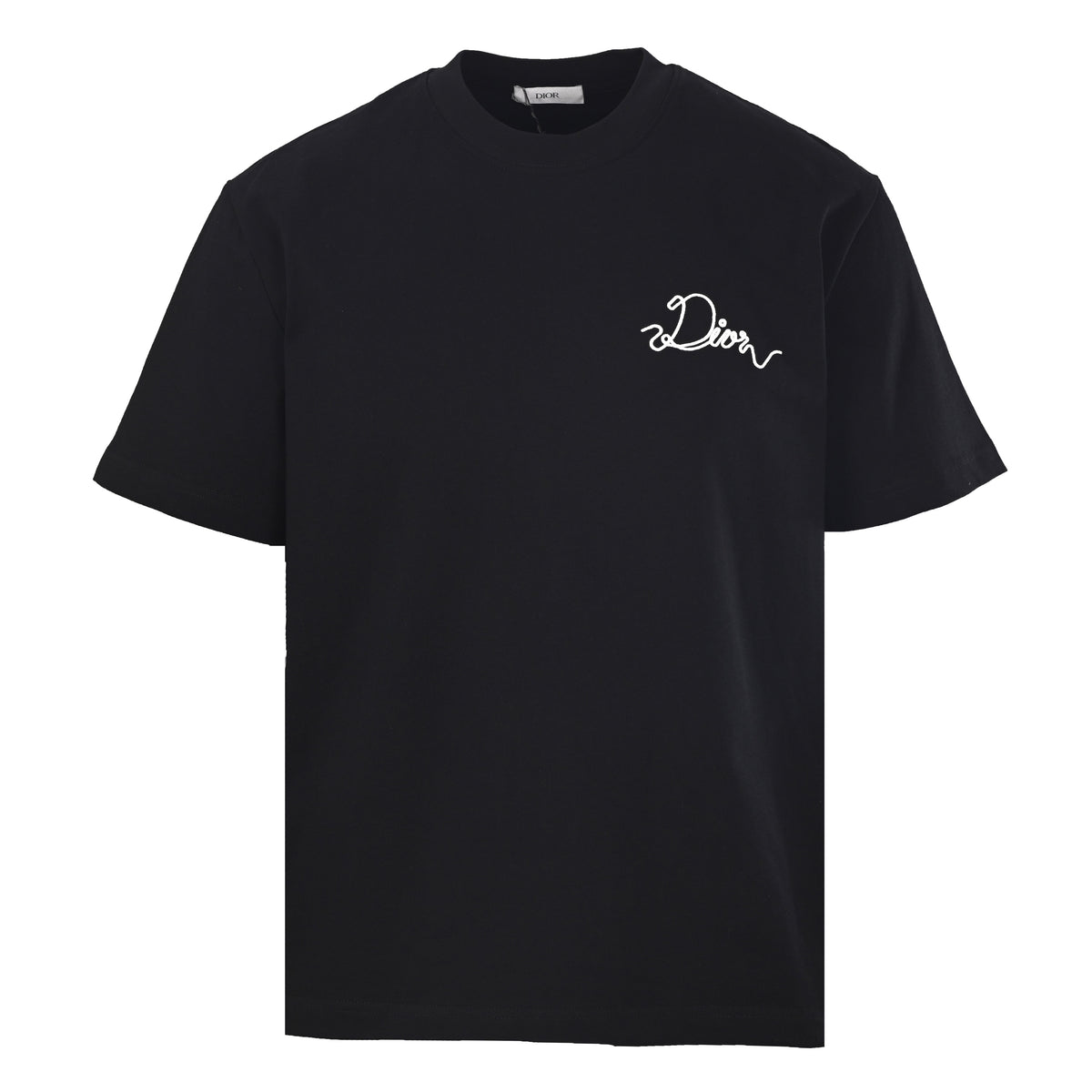 Christian Dior Chain-Stitch Script T-Shirt, Cursive Slogan Embroidery Short Sleeve Statement Tee