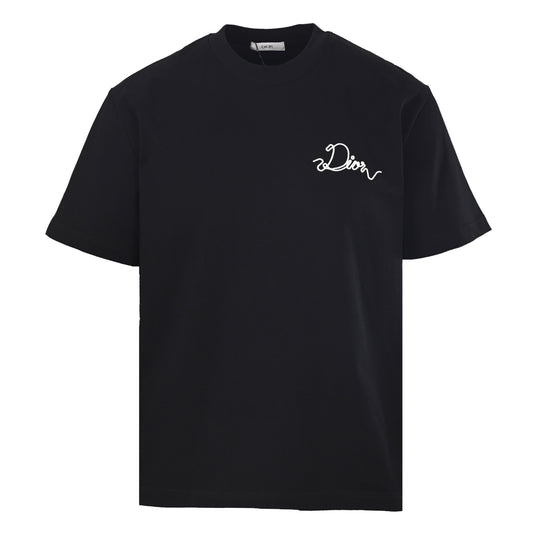Christian Dior Chain-Stitch Script T-Shirt, Cursive Slogan Embroidery Short Sleeve Statement Tee