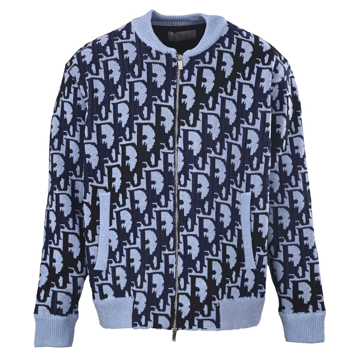 Christian Dior Gradient Monogram Jacquard Zip-Up Cardigan with Crewneck and All-Over Pattern