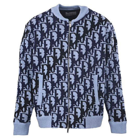 Christian Dior Gradient Monogram Jacquard Zip-Up Cardigan with Crewneck and All-Over Pattern
