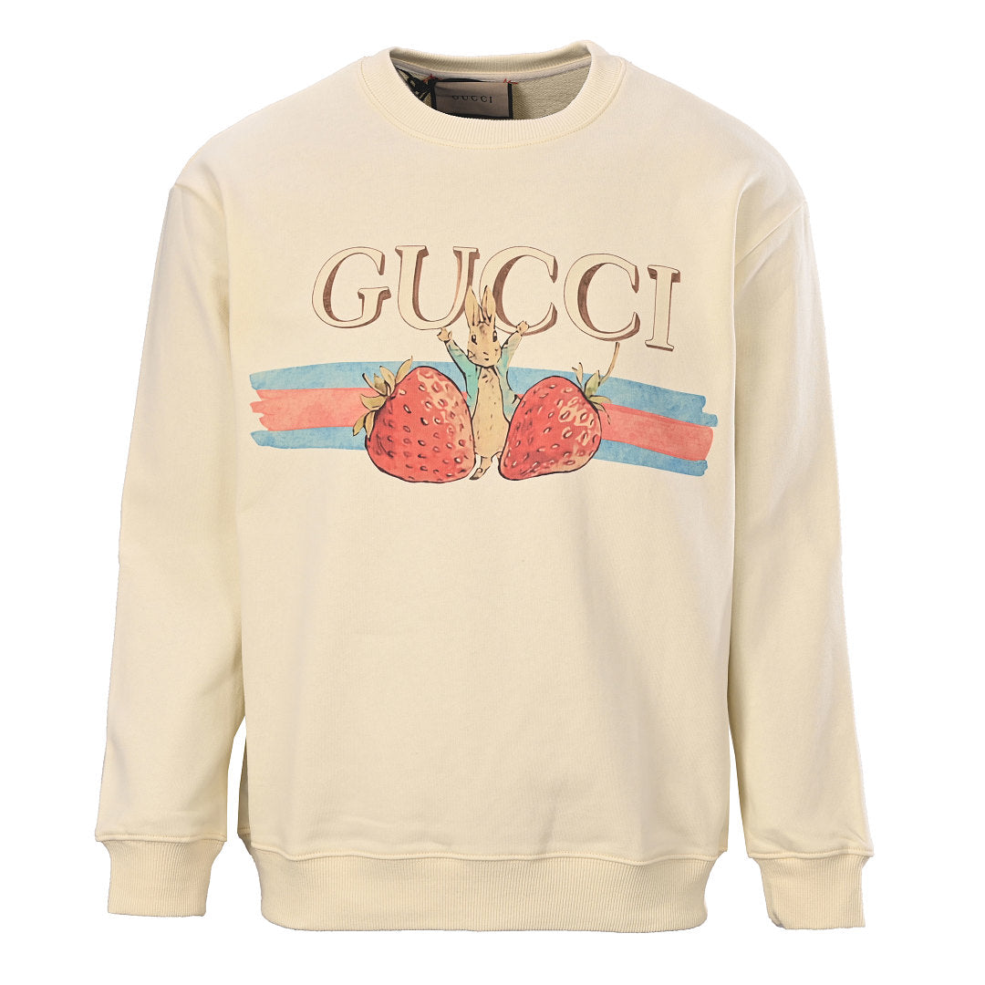 GUCCI Cream Bunny and Strawberry Cotton Crewneck Sweatshirt