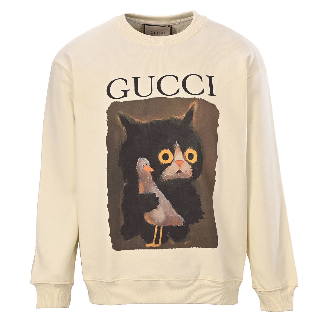 GUCCI Cream Cat and Bird Graphic Cotton Sweatshirt