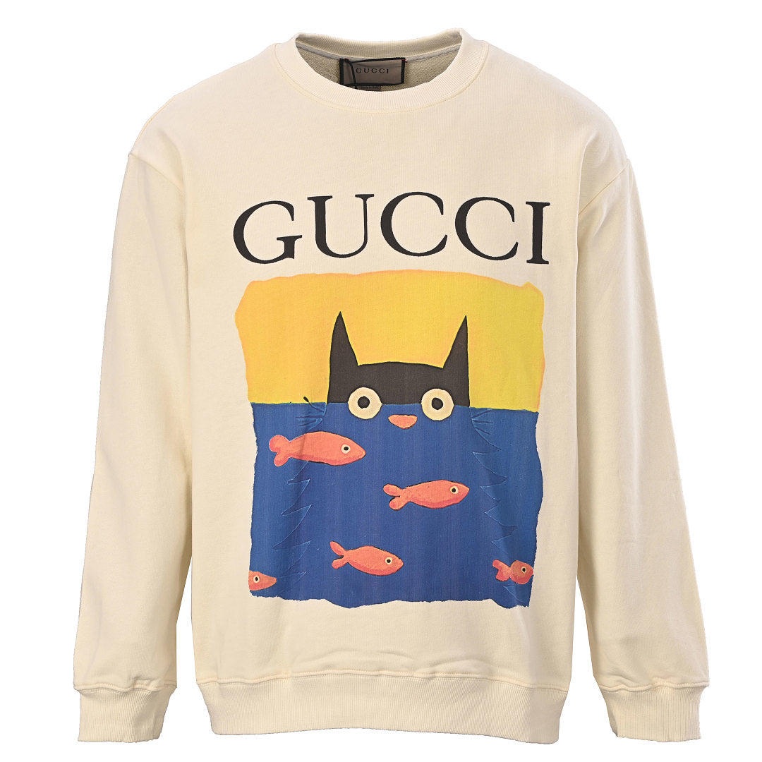 GUCCI Cream Cat and Fish Graphic Cotton Sweatshirt