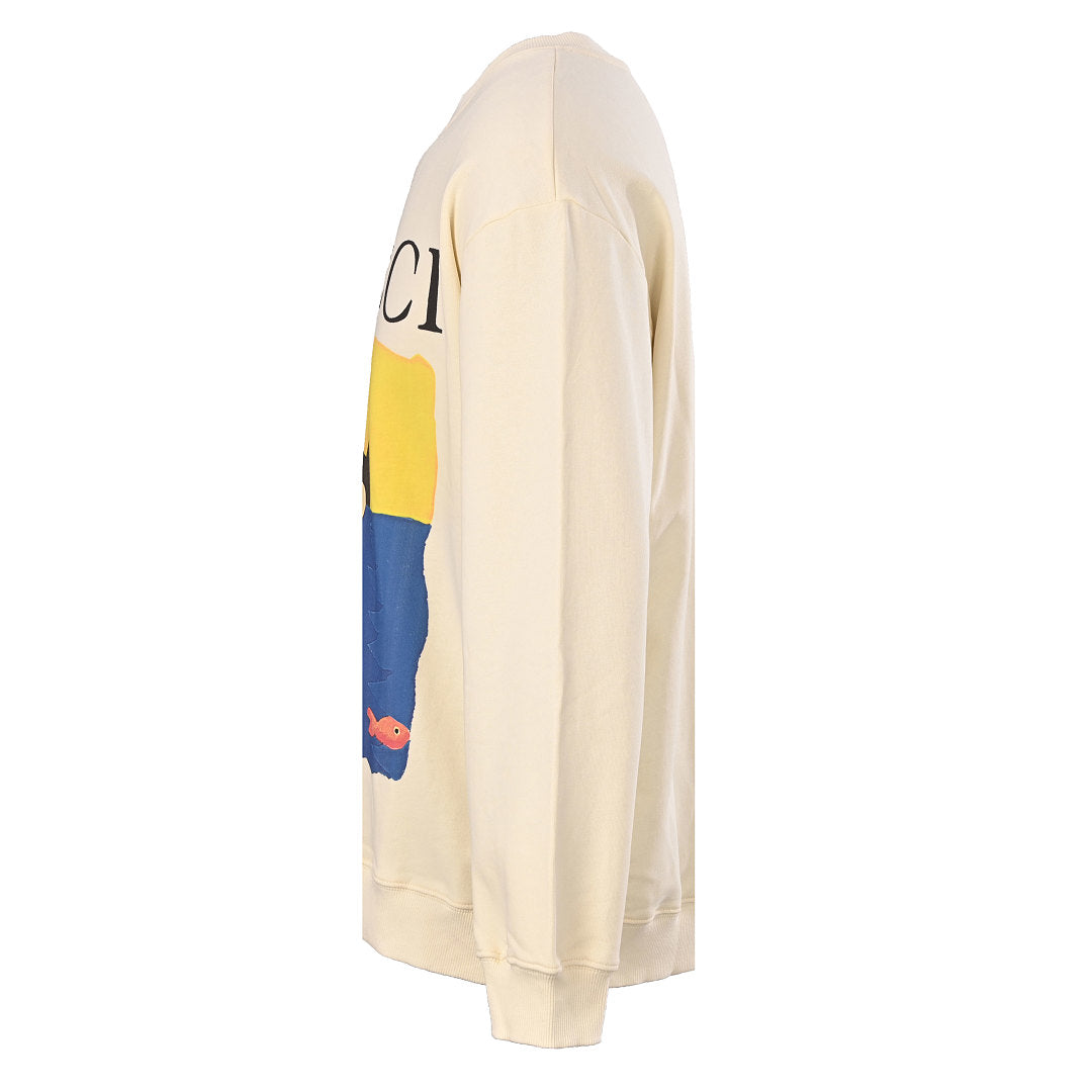 GUCCI Cream Cat and Fish Graphic Cotton Sweatshirt