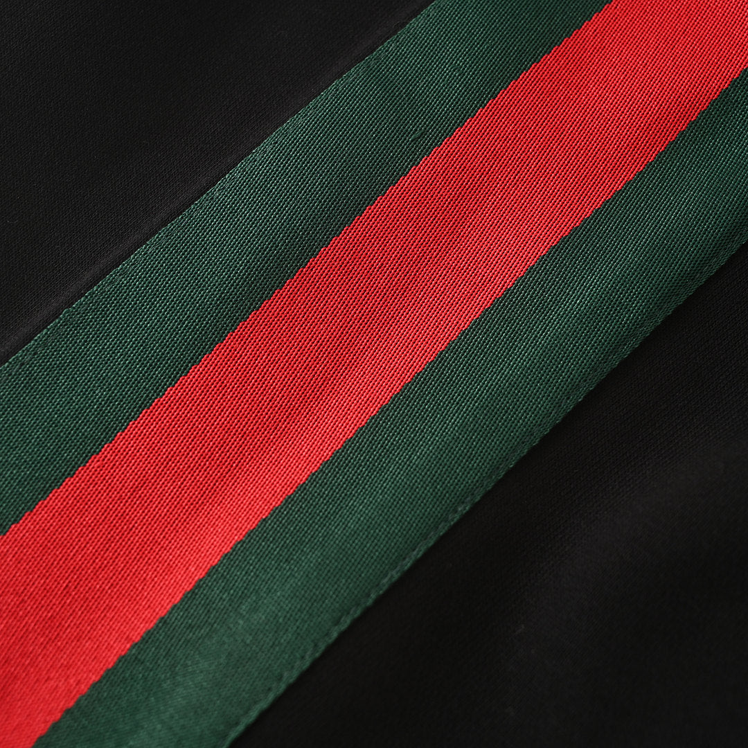 GUCCI Black Cotton Track Pants with Red and Green Web Stripes