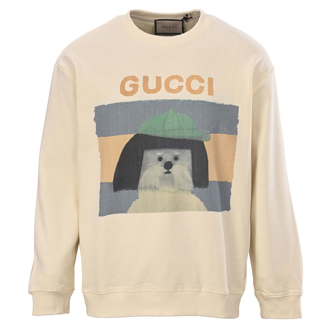 GUCCI Cream Green Hat Dog Graphic Cotton Sweatshirt