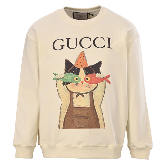 GUCCI Cream Party Hat Cat and Fish Cotton Sweatshirt