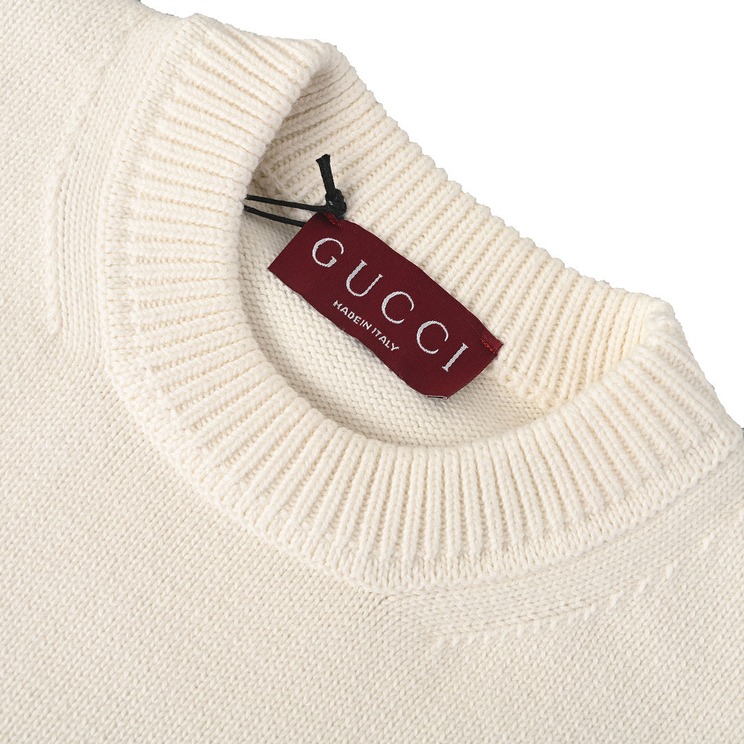 GUCCI Cream Logo Jacquard Wool-Blend Crewneck Sweater