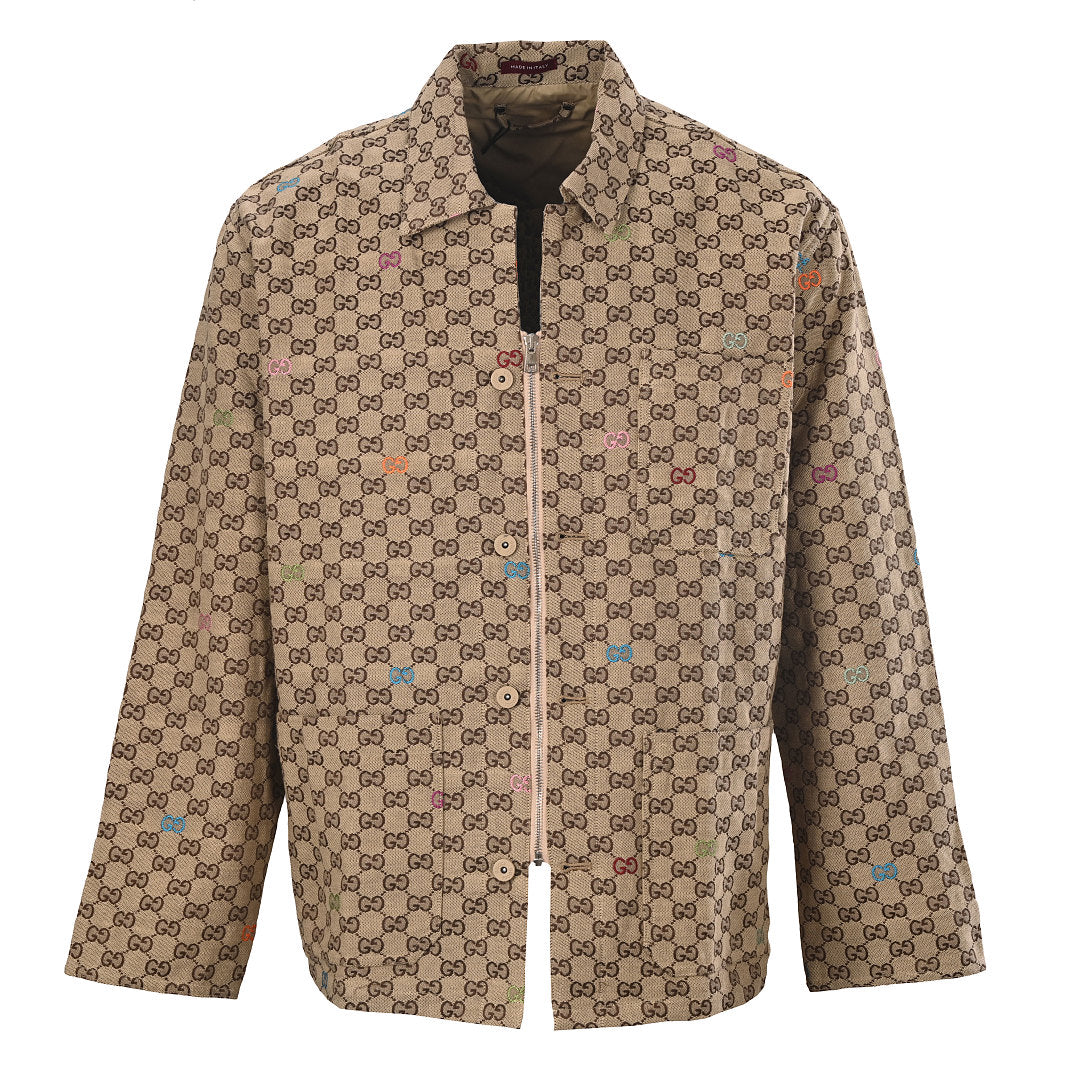 GUCCI Beige GG Jacquard Canvas Jacket with Colorful Embroidery