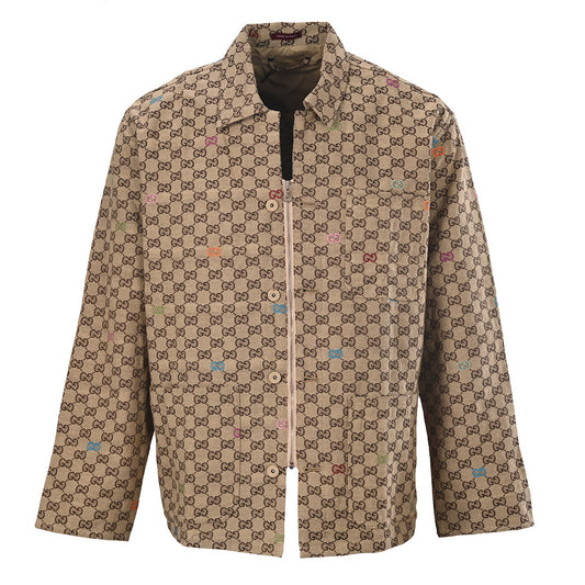 GUCCI Beige GG Jacquard Canvas Jacket with Colorful Embroidery