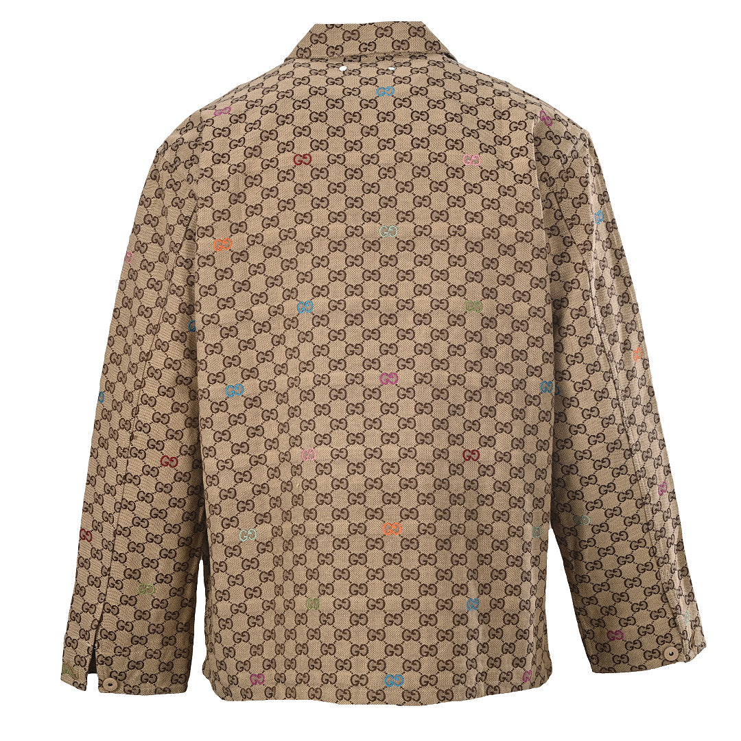 GUCCI Beige GG Jacquard Canvas Jacket with Colorful Embroidery
