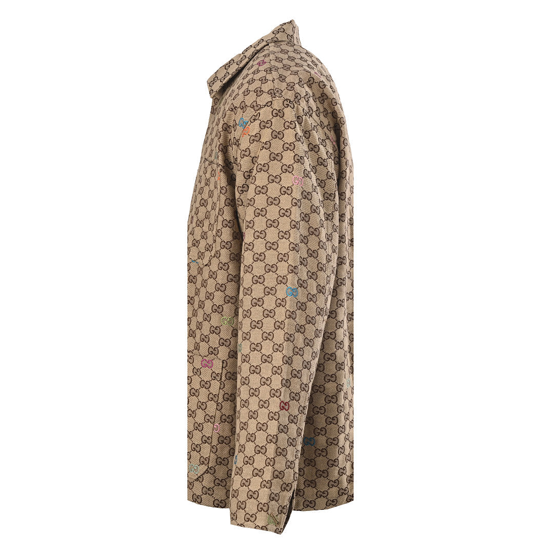 GUCCI Beige GG Jacquard Canvas Jacket with Colorful Embroidery