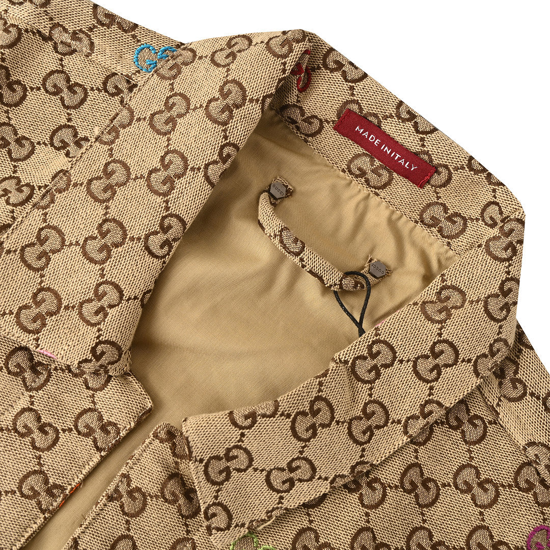 GUCCI Beige GG Jacquard Canvas Jacket with Colorful Embroidery
