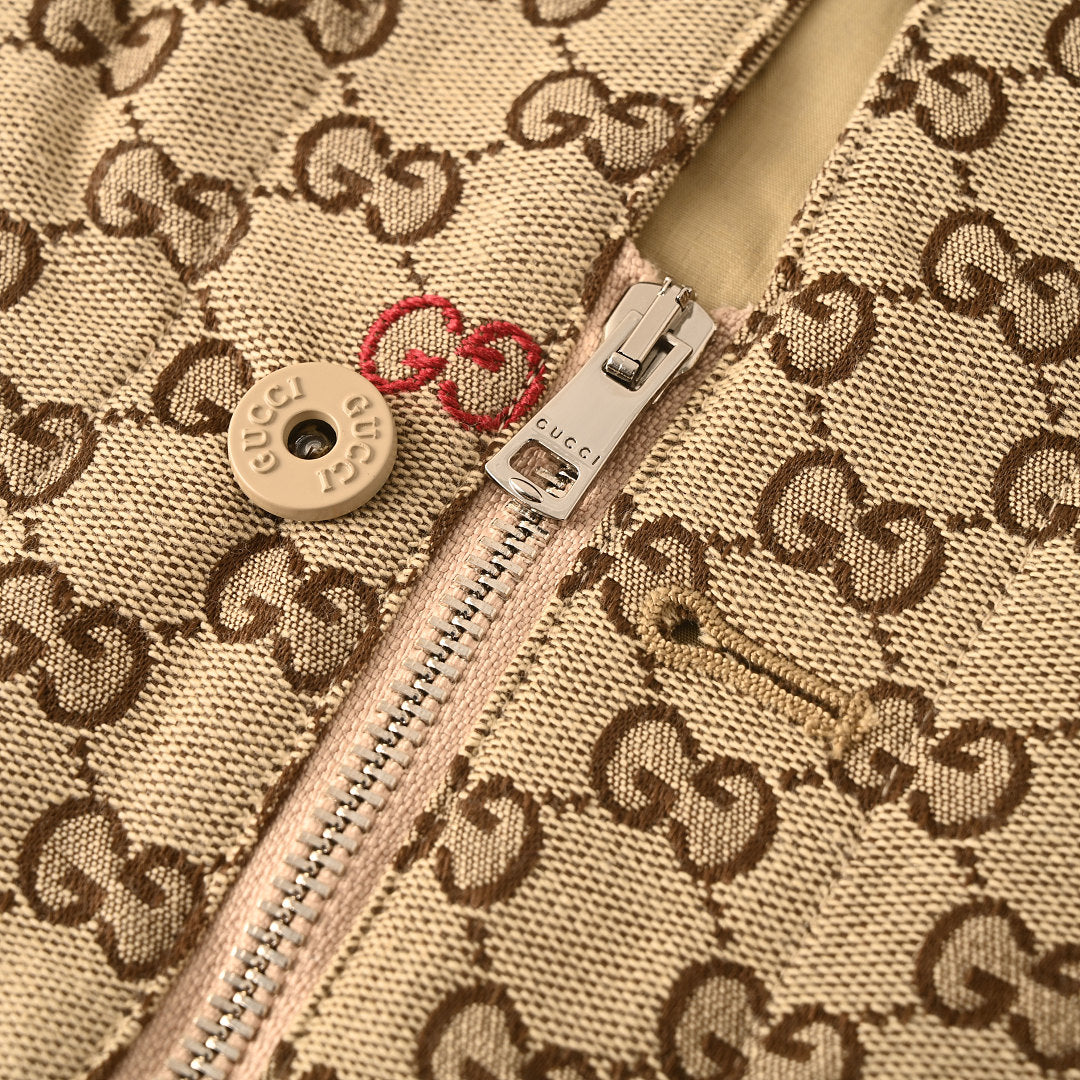 GUCCI Beige GG Jacquard Canvas Jacket with Colorful Embroidery