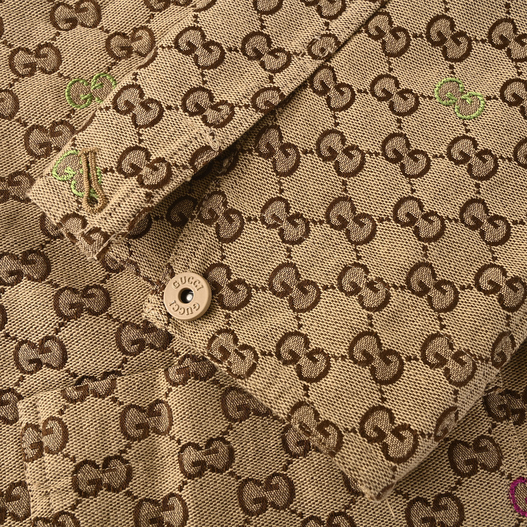 GUCCI Beige GG Jacquard Canvas Jacket with Colorful Embroidery