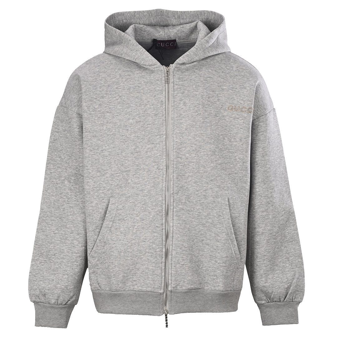 GUCCI Light Grey Appliqué Logo Zip-Up Hoodie
