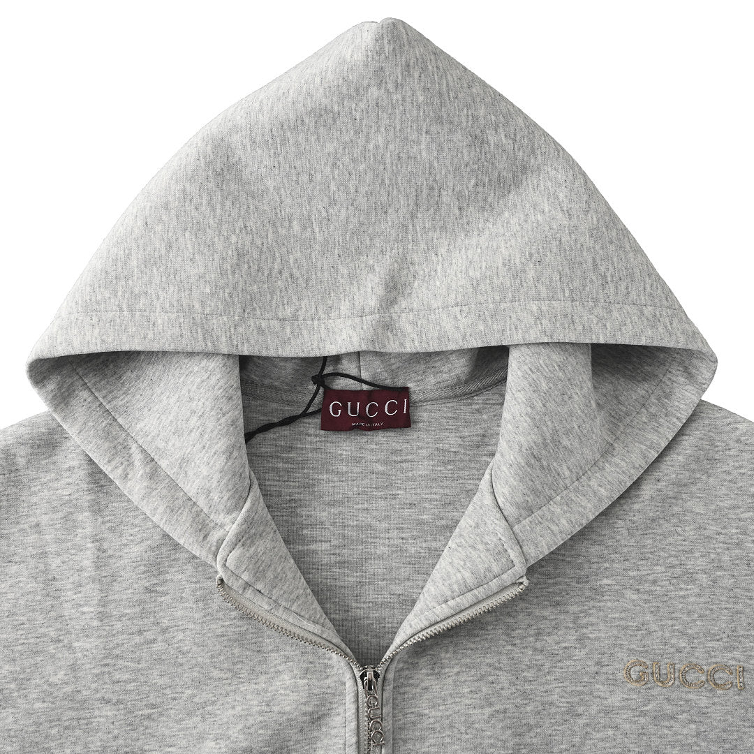 GUCCI Light Grey Appliqué Logo Zip-Up Hoodie