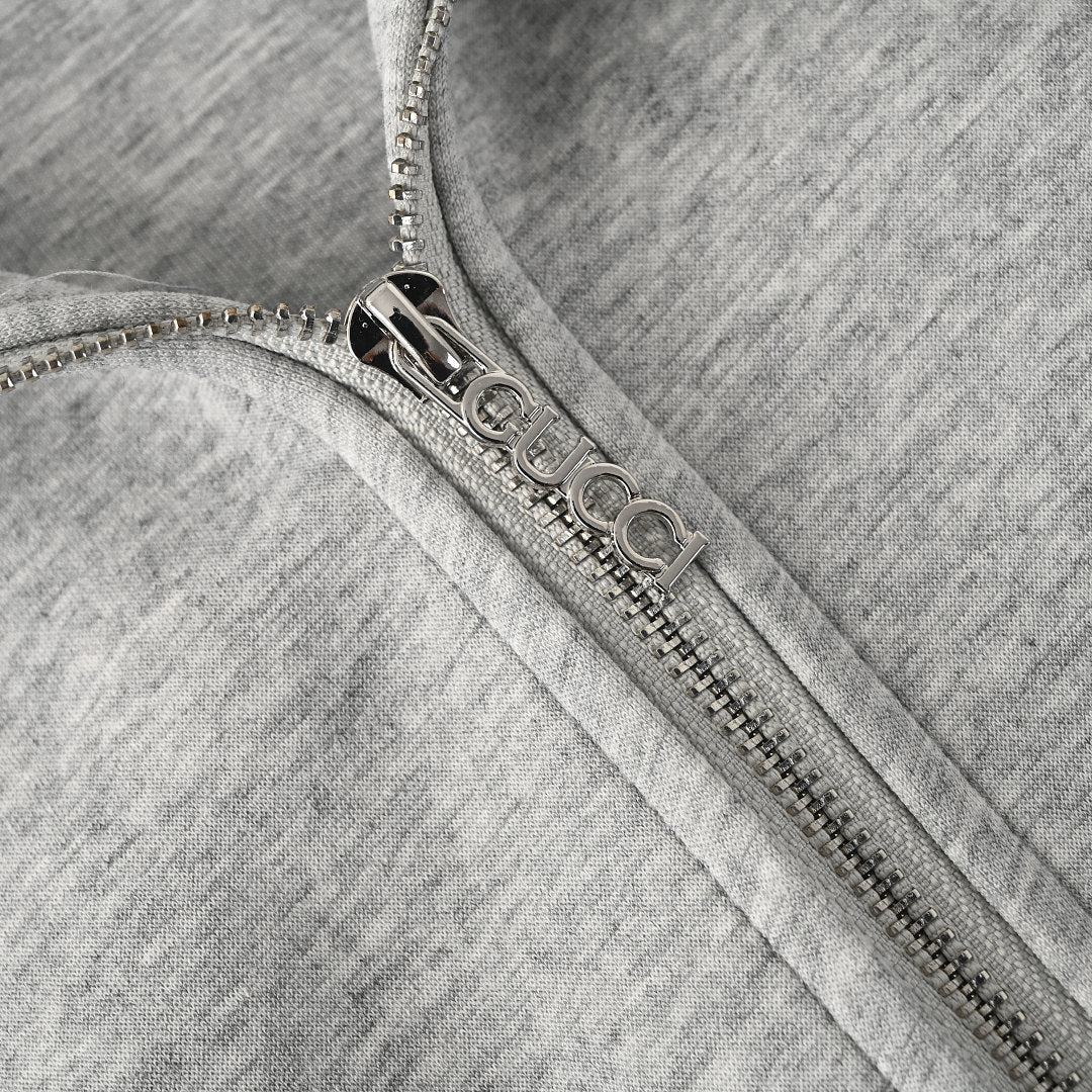 GUCCI Light Grey Appliqué Logo Zip-Up Hoodie