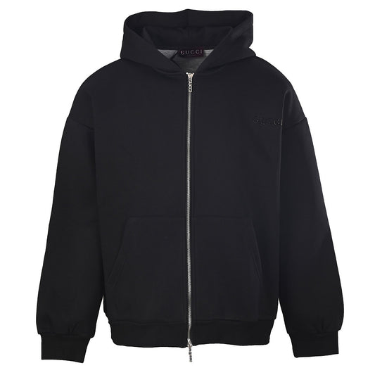 GUCCI Black Appliqué Logo Zip-Up Hoodie