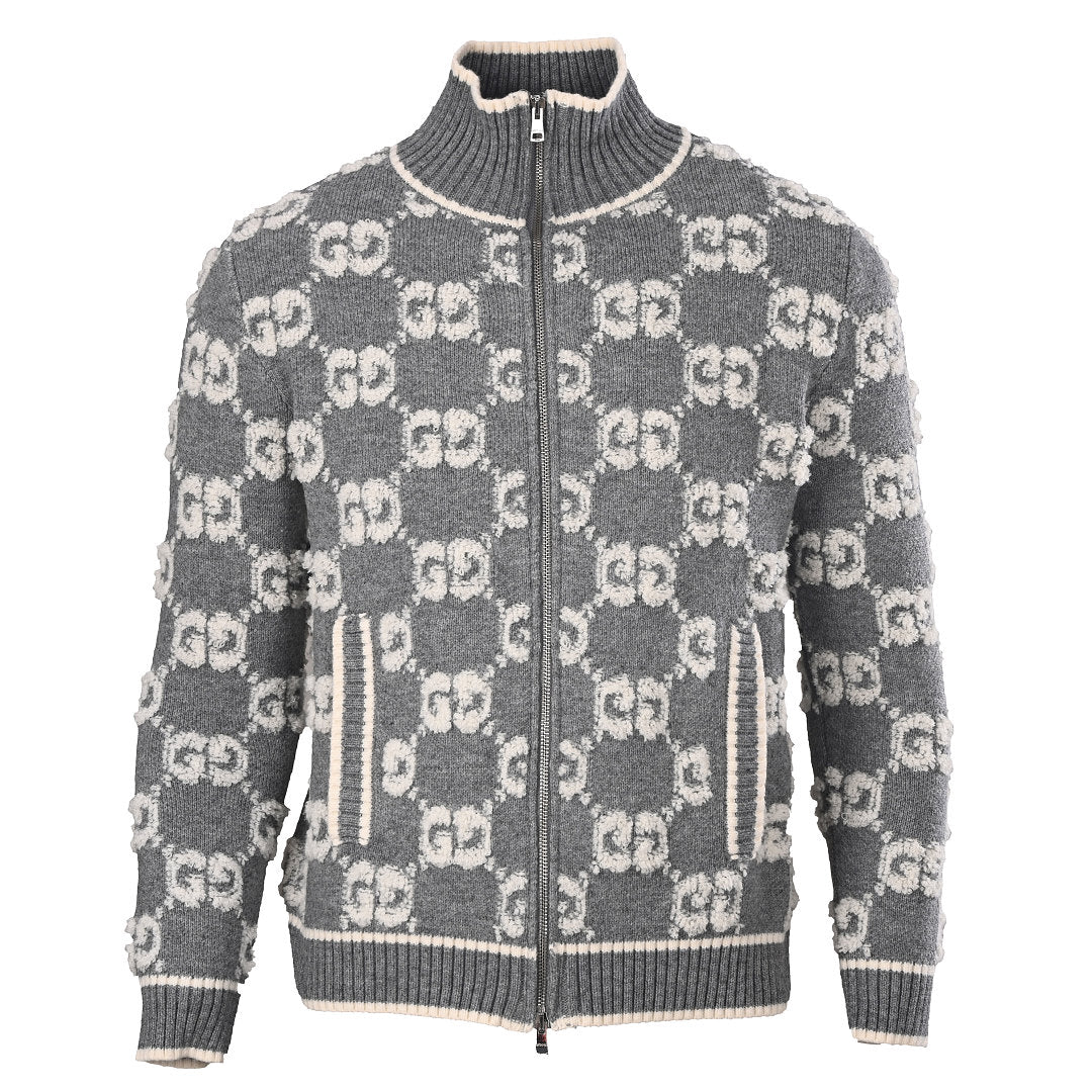 GUCCI Grey GG Jacquard Wool Zip-Up Cardigan