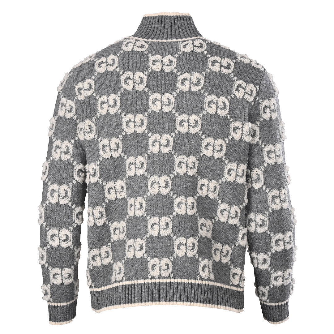 GUCCI Grey GG Jacquard Wool Zip-Up Cardigan
