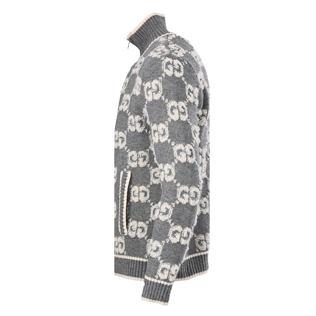 GUCCI Grey GG Jacquard Wool Zip-Up Cardigan