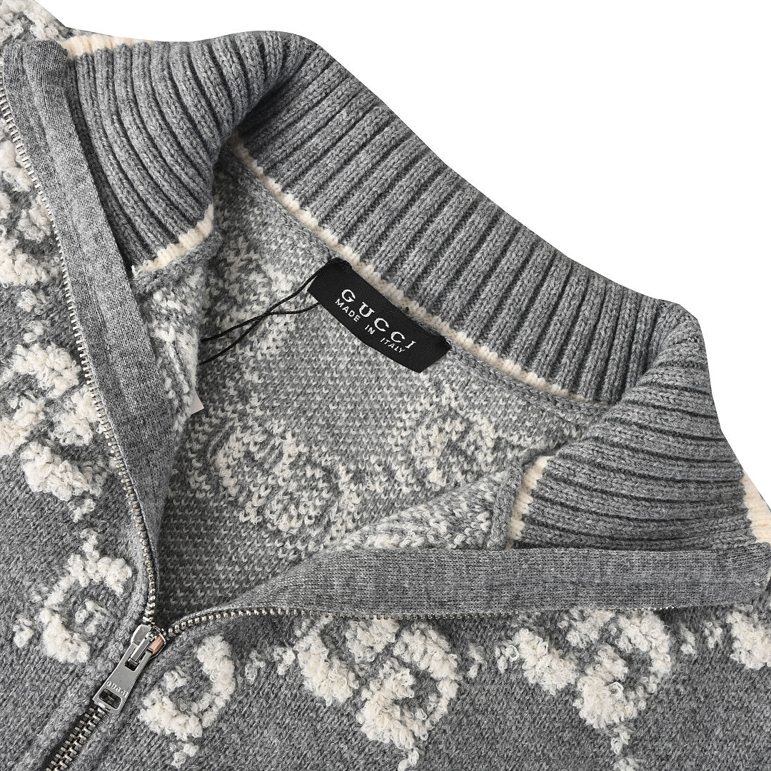 GUCCI Grey GG Jacquard Wool Zip-Up Cardigan