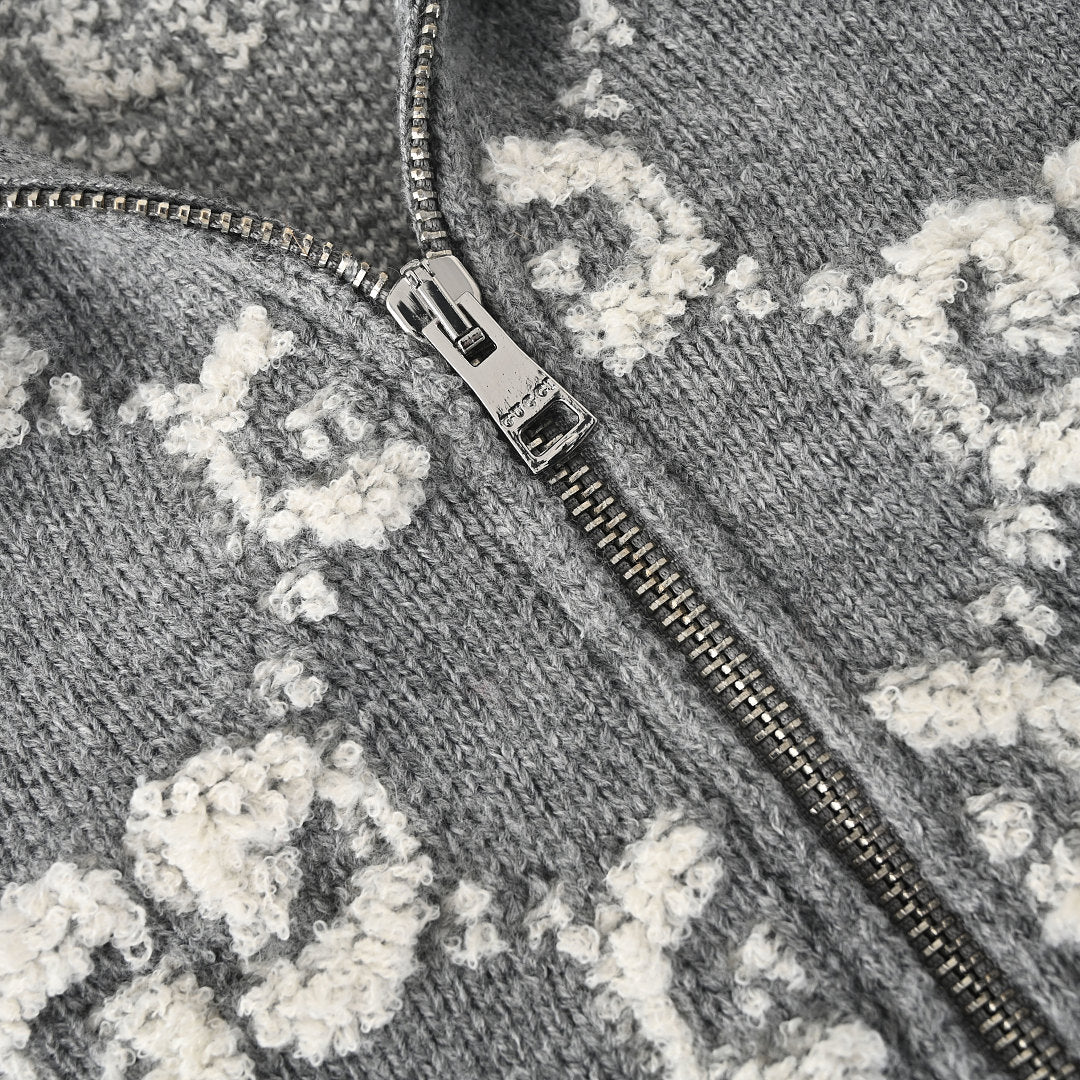 GUCCI Grey GG Jacquard Wool Zip-Up Cardigan