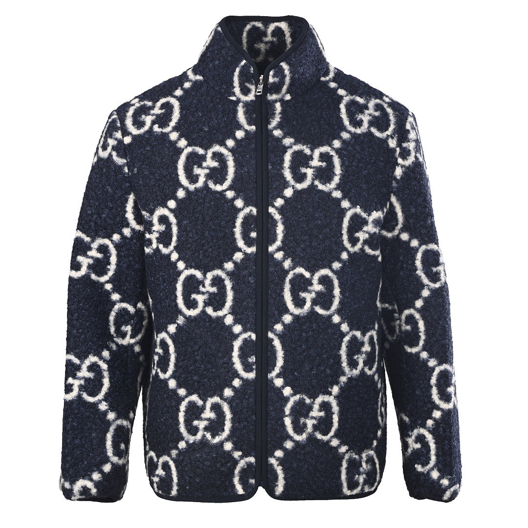 GUCCI GG Monogram Fleece Zip-Up Jacket in Navy