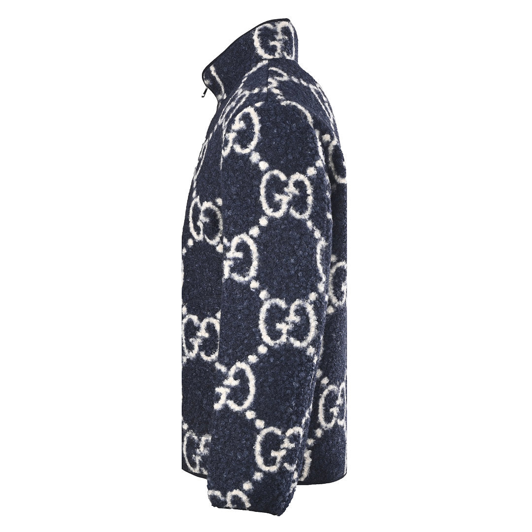 GUCCI GG Monogram Fleece Zip-Up Jacket in Navy