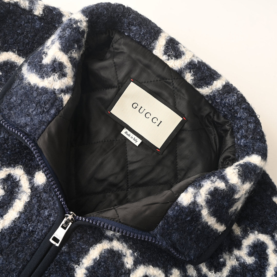 GUCCI GG Monogram Fleece Zip-Up Jacket in Navy