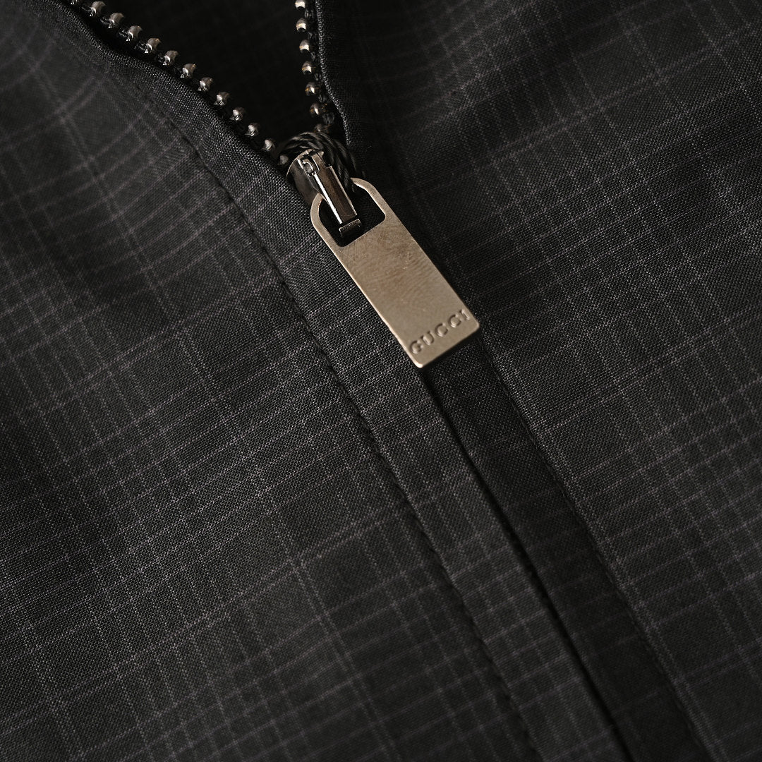 GUCCI Check Stand-Collar Jacket with Embroidered Emblem
