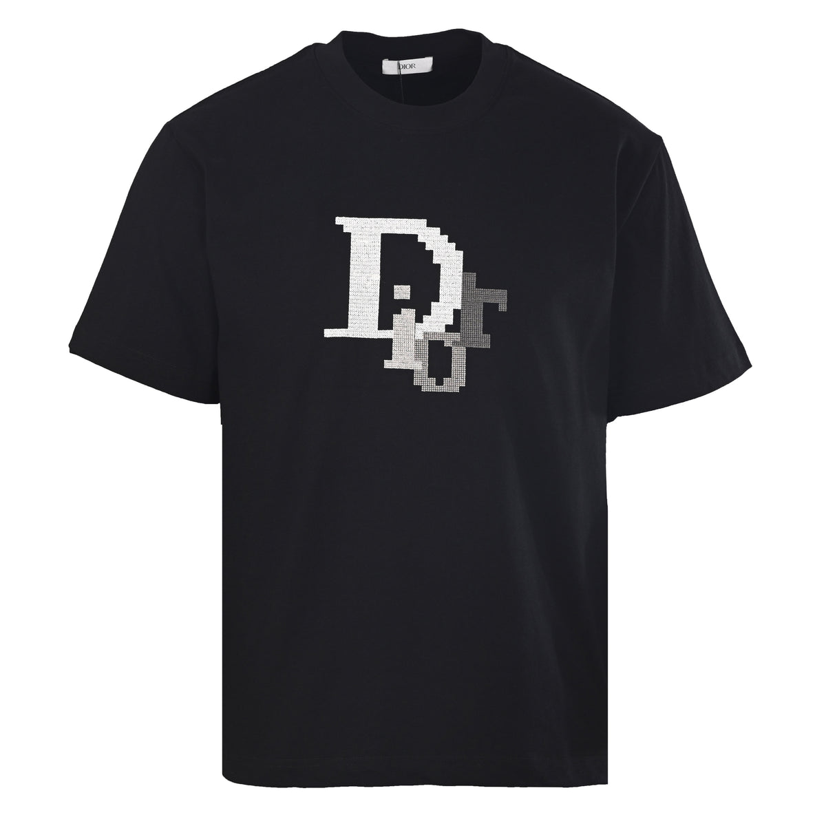 Christian Dior Cross-Stitch Logo Embroidered T-Shirt with Mosaic-Style Artwork and Classic Short Sleeves
