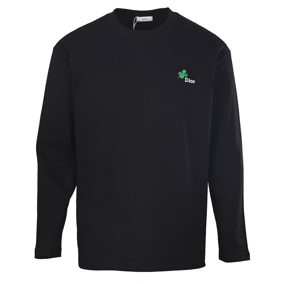 Christian Dior Four-Leaf Clover Embroidered Lettering Long Sleeve T-Shirt, Casual Motif Detail Tee