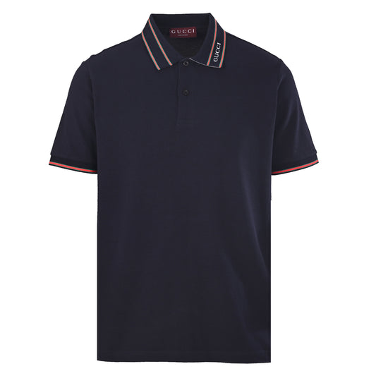 Gucci Navy Cotton Piqué Logo Collar Polo Shirt