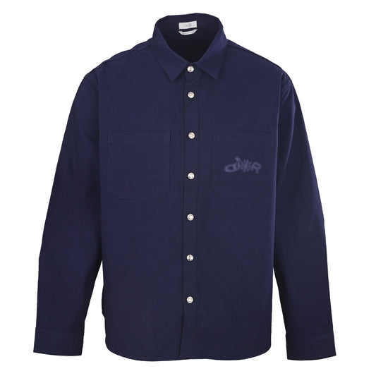 Christian Dior Collaboration Canvas Shirt Jacket with Embroidered Emblem, Casual Layering Overshirt