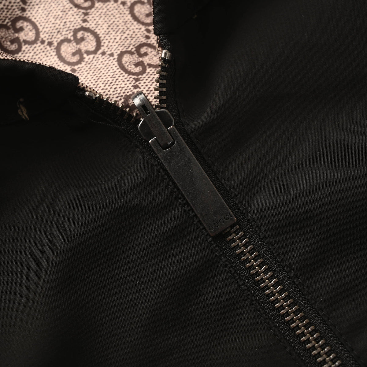 Gucci Black and Beige GG Monogram Reversible Hooded Zip-Up Jacket