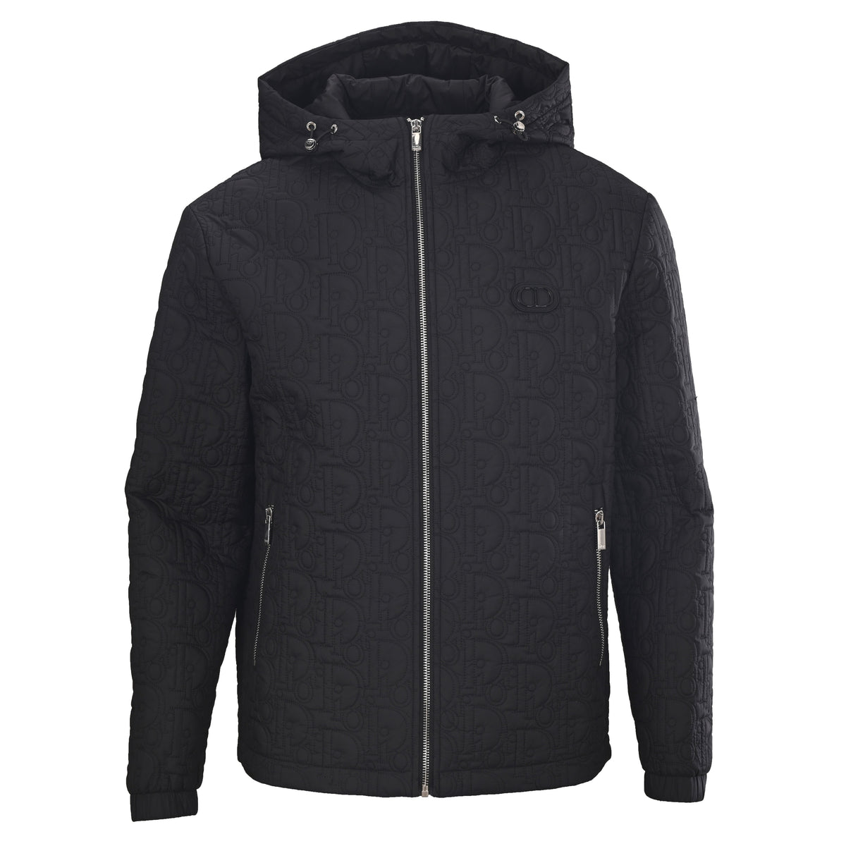 Christian Dior Embossed Quilted Hooded Zip-Up Jacket with CD Chest Detail, Casual Streetwear Outerwear