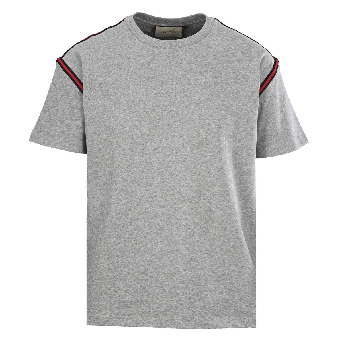 Gucci Heather Grey Striped Shoulder Tape Cotton Crewneck T-Shirt