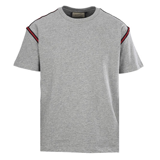 Gucci Heather Grey Striped Shoulder Tape Cotton Crewneck T-Shirt