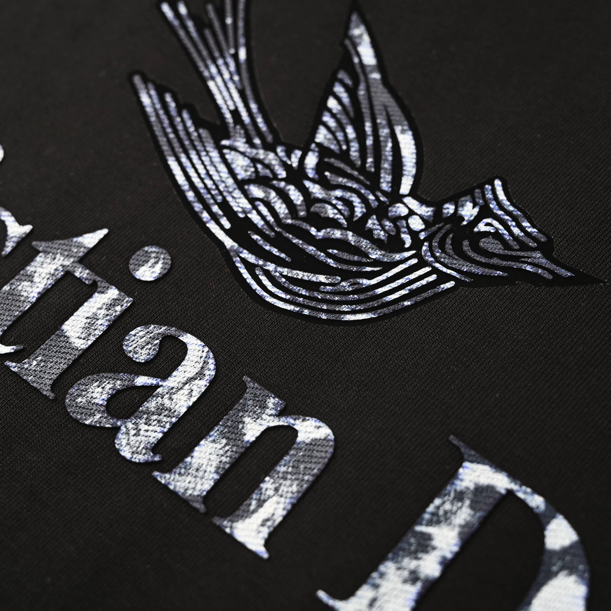 Christian Dior Ink-Wash Flying Bird Graphic T-Shirt with Lettering and Short Sleeves for Art-Inspired Streetwear