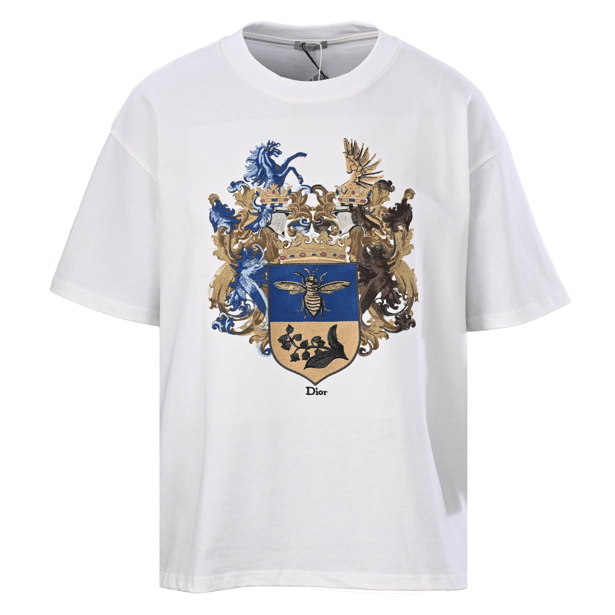 Christian Dior Crown and Bee Embroidery T-Shirt, Detailed Motif Short Sleeve Casual Tee