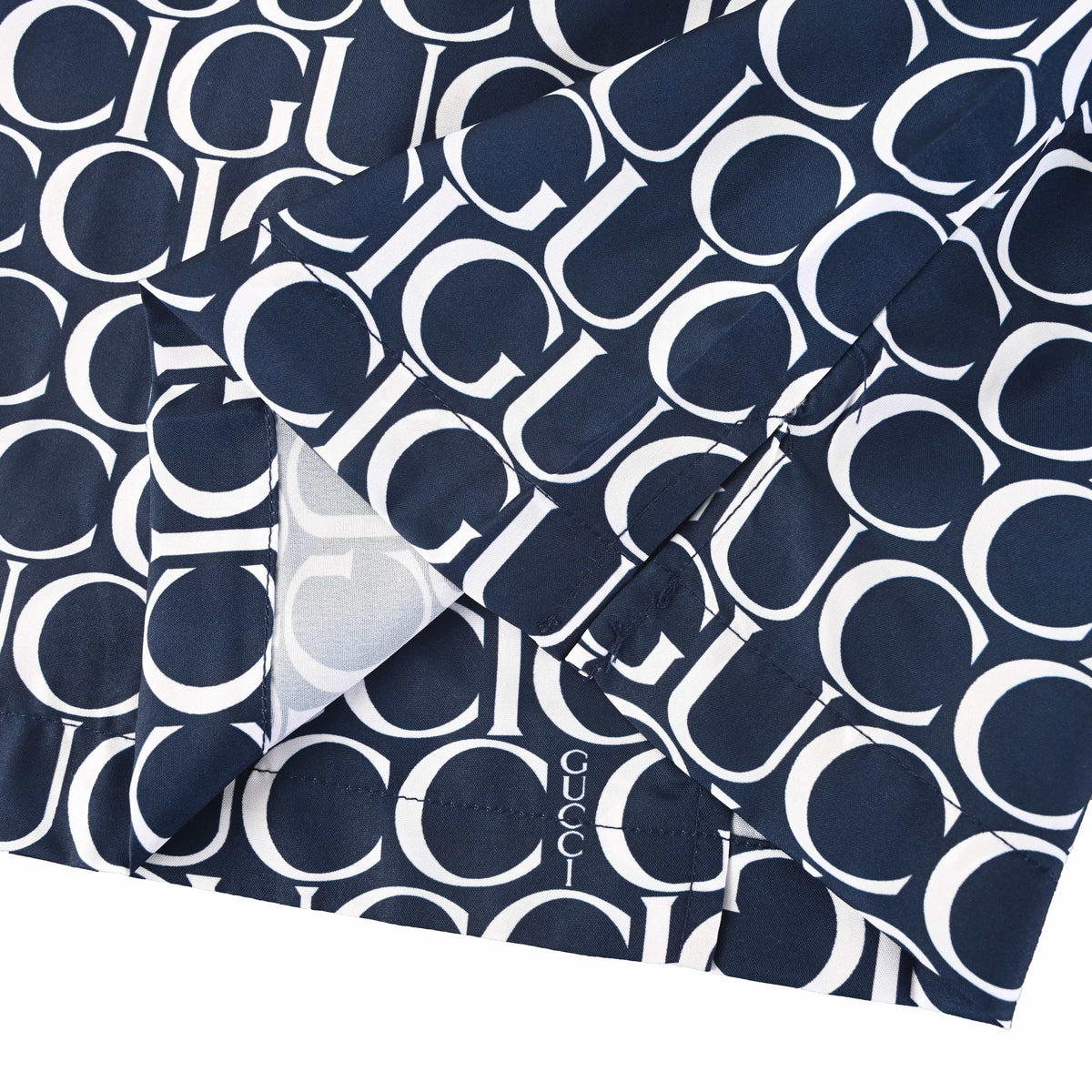 Gucci Navy All-Over Logo Print Short-Sleeve Camp Collar Shirt