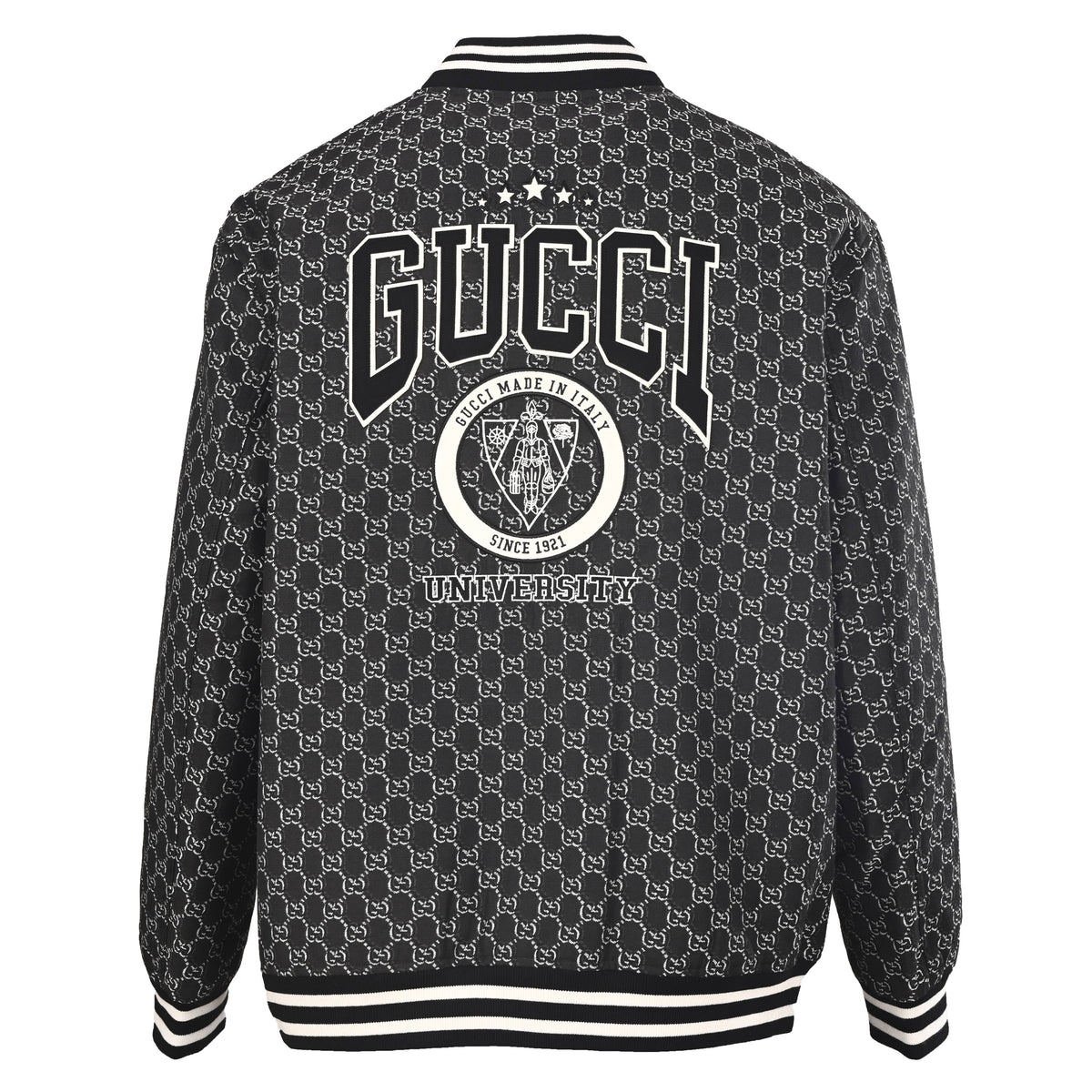 Gucci Monogram Jacquard Varsity Jacket with Embroidered Back Emblem