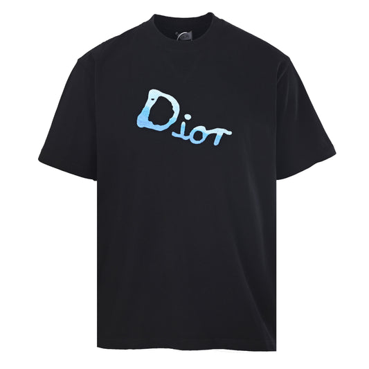 Christian Dior Blue Ombre Graffiti Embroidered Short-Sleeve T-Shirt with Front and Back Detailing