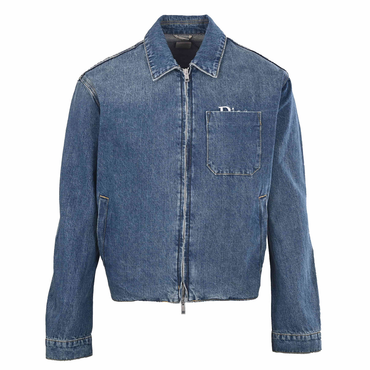 Christian Dior Embroidered Pocket Denim Jacket, Zip-Up Jean Outerwear for Casual Streetwear