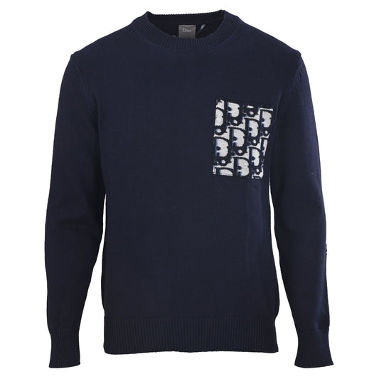 Christian Dior Cotton Knit Crewneck Sweater with Jacquard Pocket Detail, Casual Pullover Knitwear