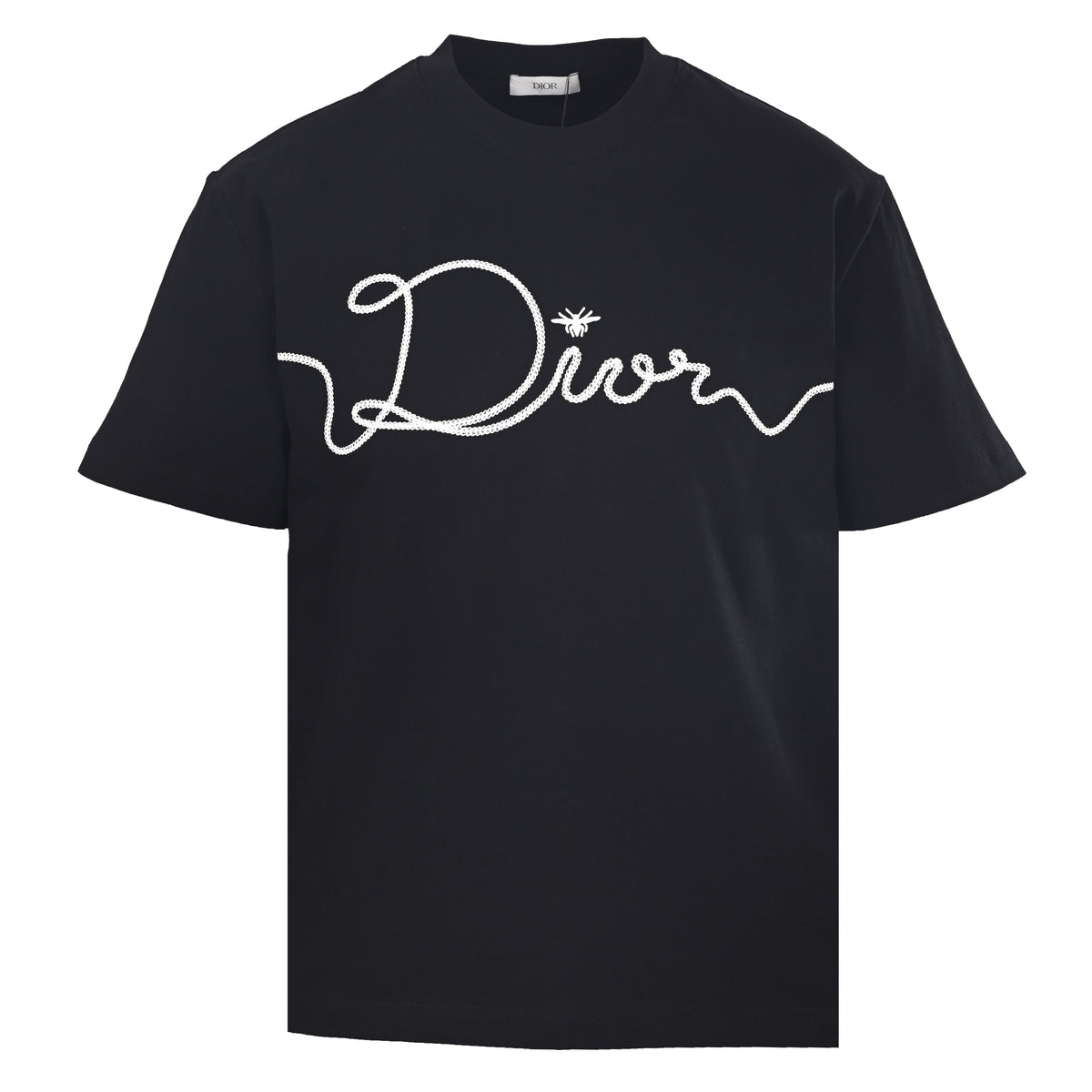 Christian Dior Large Script Slogan T-Shirt, Chain-Stitch Embroidery Short Sleeve Streetwear Tee