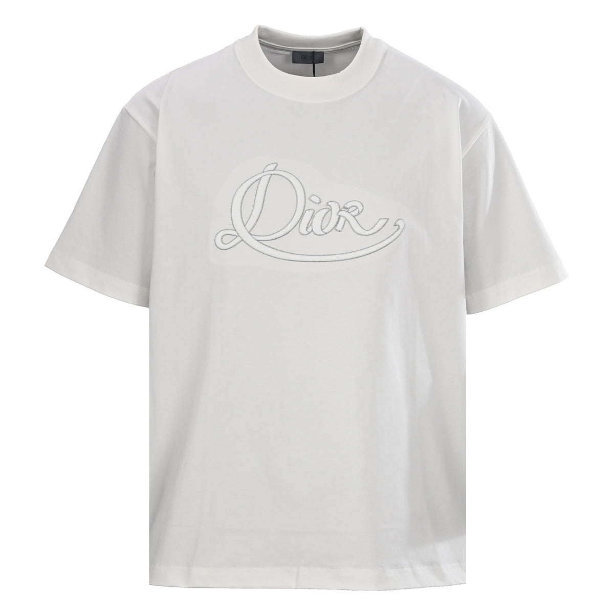 Christian Dior Silver-Thread Script Embroidered T-Shirt, Decorative Lettering Short Sleeve Tee