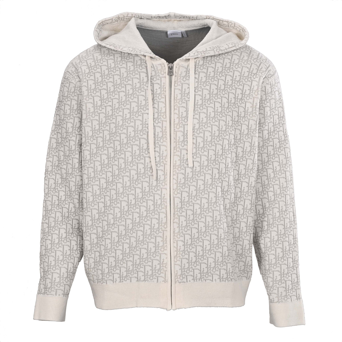 Christian Dior Oblique All-Over Monogram Hooded Knit Jacket, Zip-Up Knitwear for Casual Layering